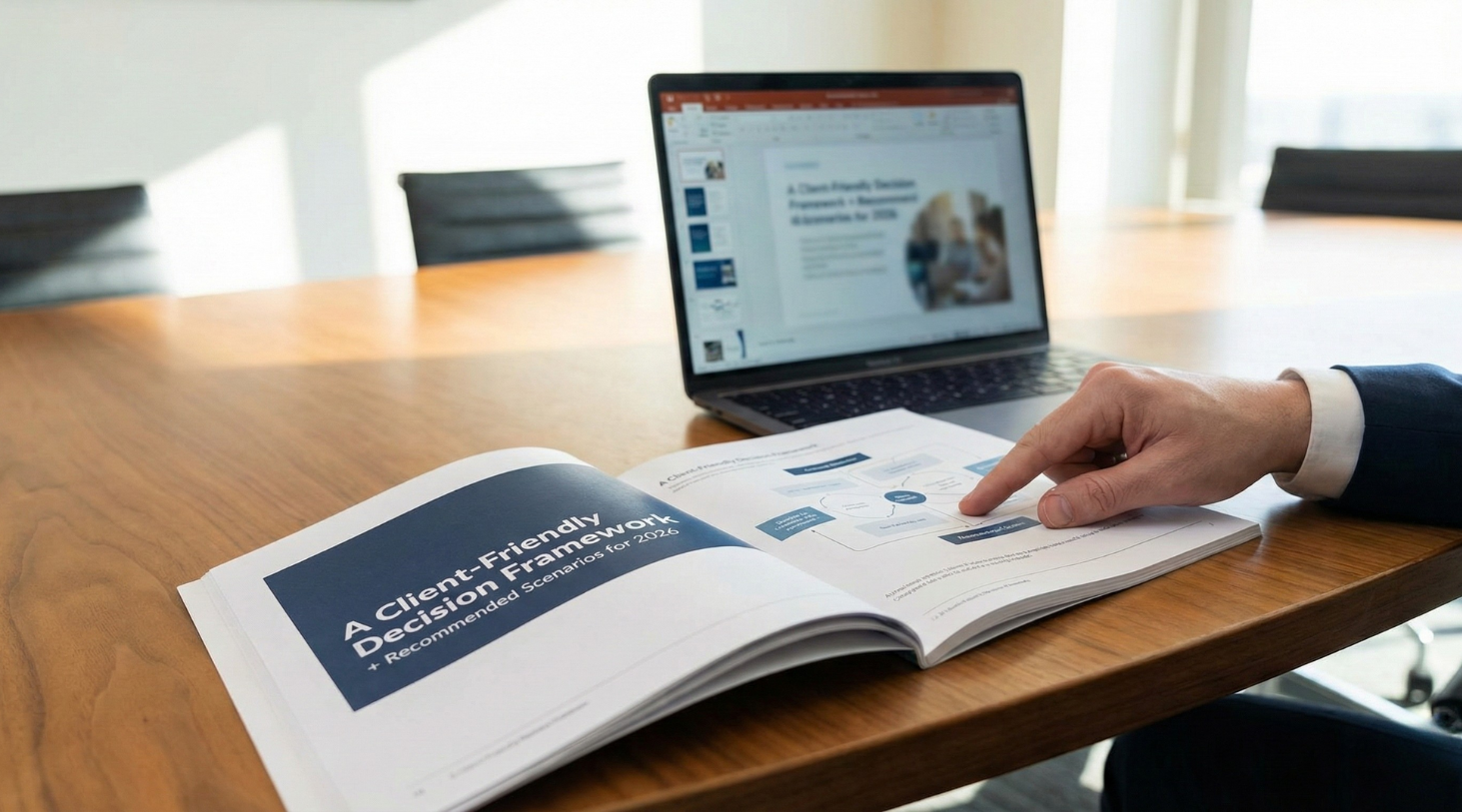 A man is reading an article about Client-Friendly Decision Framework